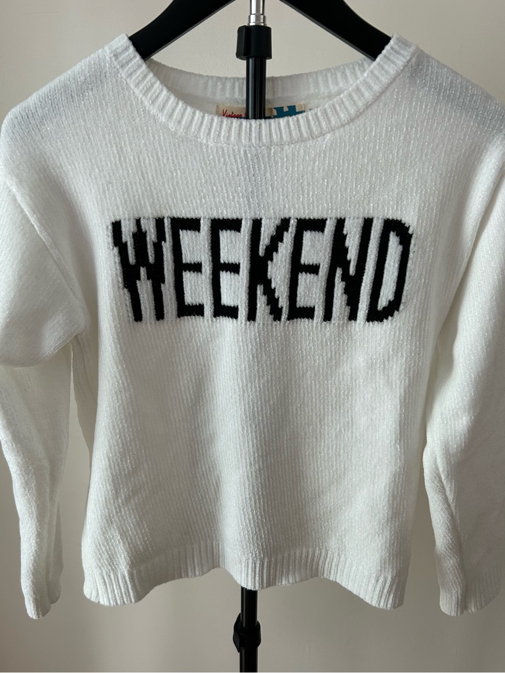 Vintage Havana White Crewneck Sweater with Black WEEKEND Lettering